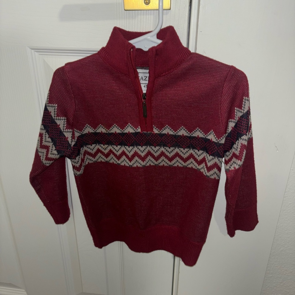 Red Half-Zip Sweater with Chevron Pattern